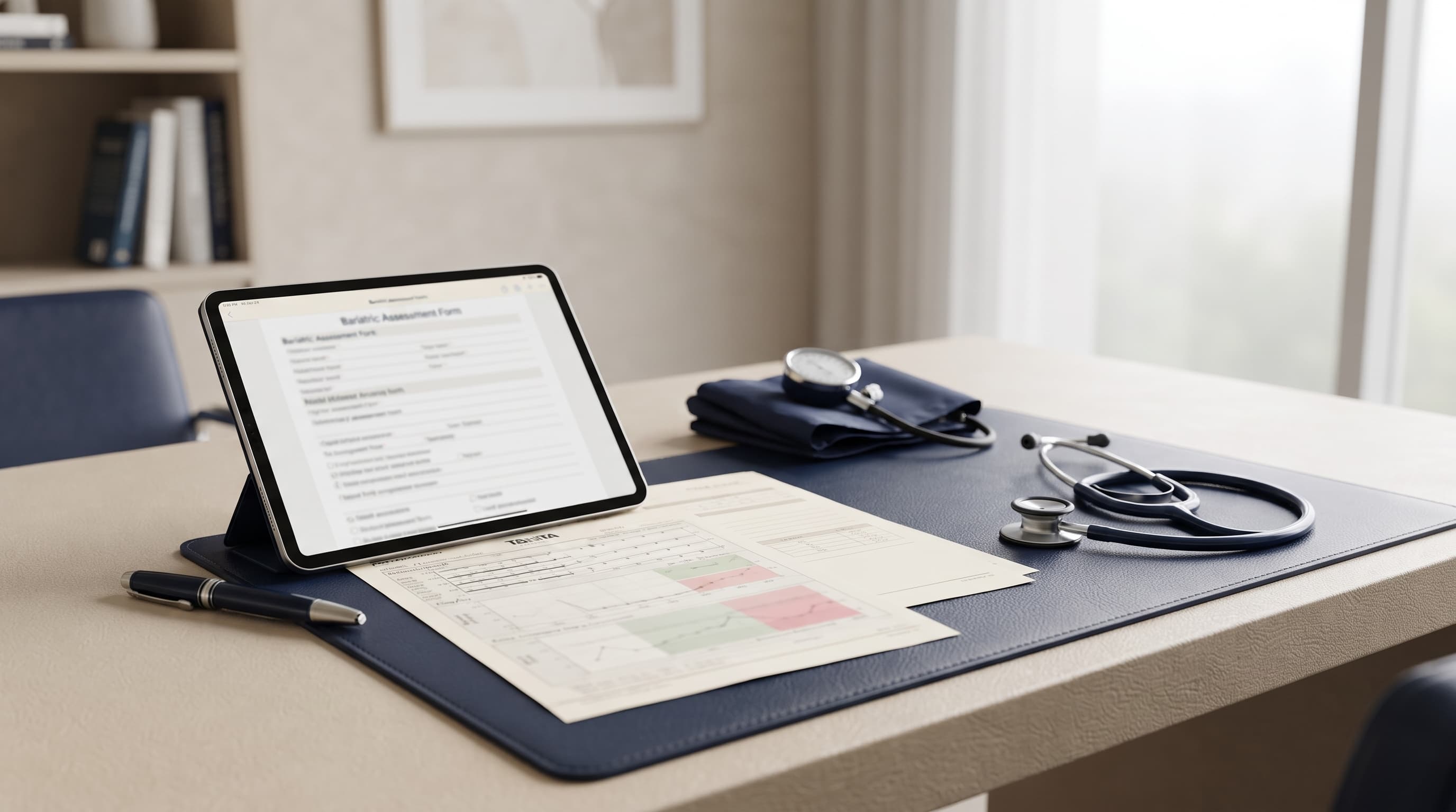 A bariatric assessment desk with an intake form, blood pressure cuff, and stethoscope